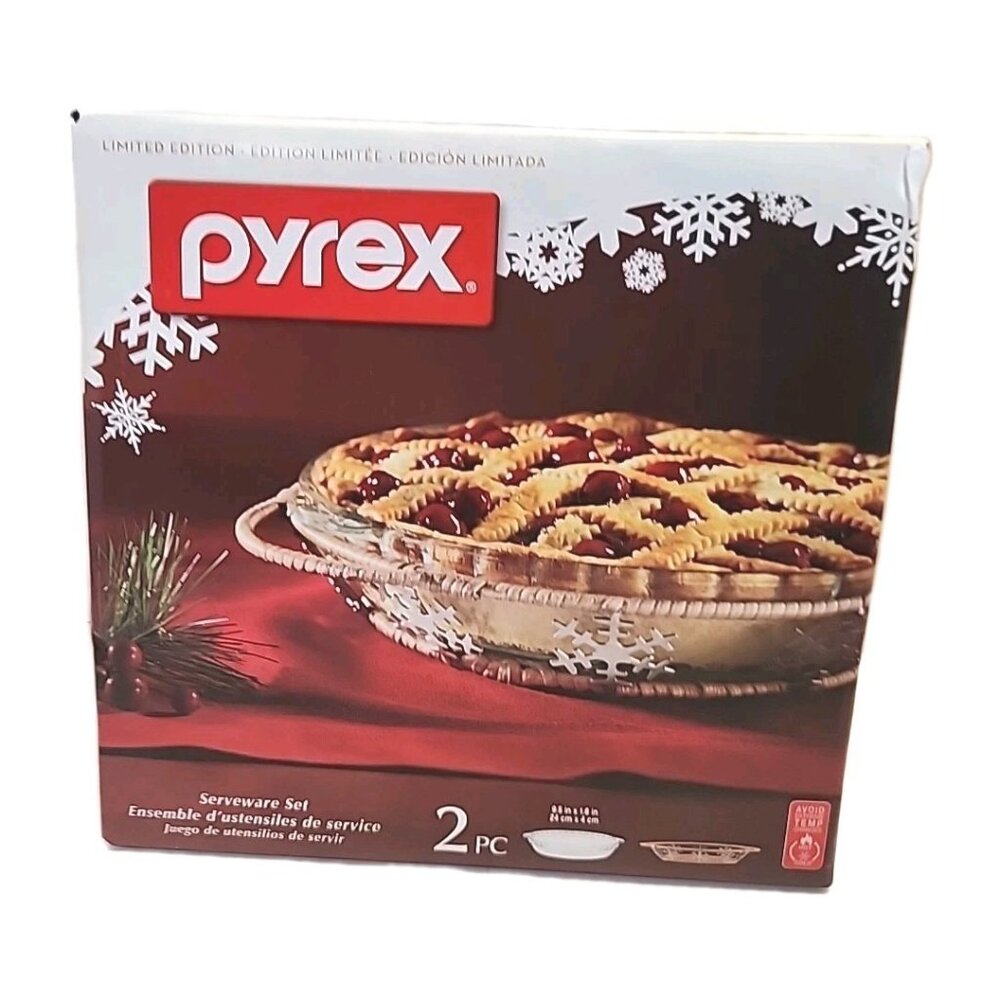 New Pyrex Limited Edition 2 pc Snowflake Pie Serveware Set With Basket Sealed